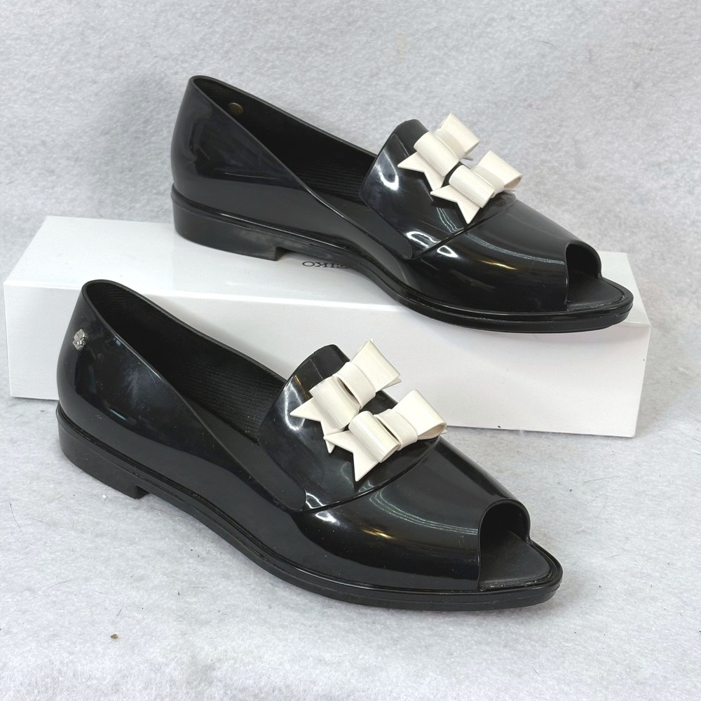 Melissa + Karl Lagerfeld Black Bow Peep Toe Jelly Flat Womens 6 Coquette Chic